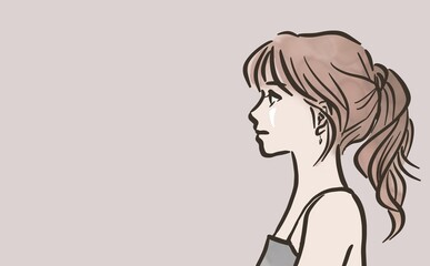 Profile of a woman with a ponytail_color_beige back ground