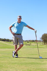 Portrait, golf and old man with driver on a field for training, hobby and sports on blue sky...