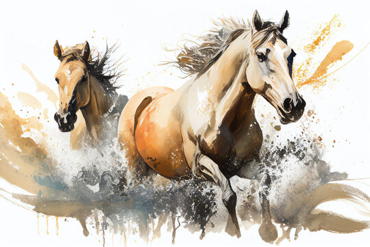 Watercolour abstract animal painting of brown horses running through a river which could be used as an equine poster or flyer, computer Generative AI stock illustration image