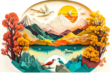 Paper art piece depicts a harmonious blend of a majestic bird in flight, a serene forested mountain, and a babbling water stream. generative AI.