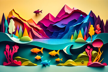 Fototapeta na wymiar This exquisite paper art piece showcases a beautiful and imaginative fish swimming in a magical world, its intricate details and vibrant colors bringing it to life. generative AI.