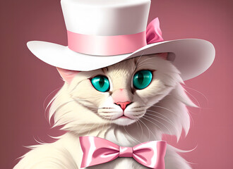 Cat in hat. Elegant white puss in headdress on pink background. Generative AI.