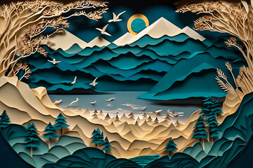 PaperCut and Paper art of a mountain range and a flowing stream, capturing the natural beauty of the outdoors through handcrafted paper. generative AI.