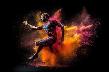 Fototapeta na wymiar A man kicking a soccer ball with colored powder in the air. Generative AI image.