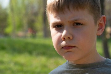 Summer portrait of a child of eight years. The boy, blond with a serious face, looks into the camera.