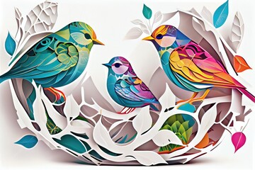 Modern minimal CG of bird on tree and foliage. distinct generative AI image. - obrazy, fototapety, plakaty