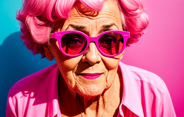 Old woman with pink hair and pink glasses on a pink background