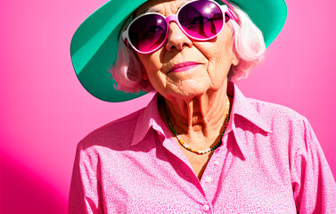 Old woman in sunglasses. Portrait of positive modern retired lady. Generative AI. - obrazy, fototapety, plakaty