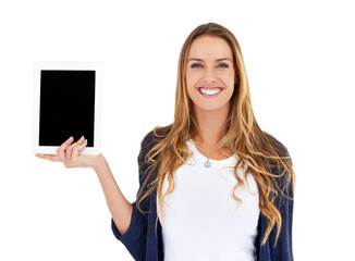 Tablet, screen and happy woman in portrait isolated on white background and mockup space for online marketing. Face of person or digital user for technology in hand, software or application in studio