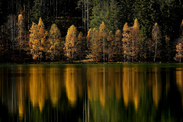 Autumn landscape panorama - Saint Anna Lake. Reflection of colored autumn forest into the lake. Autumn landscape from one of the most picturesque places in Romania. 