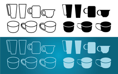 Des icônes ou symboles vectoriels représentant des verres, des tasses pour le thé et le café ainsi que des verres pour l'eau à boire