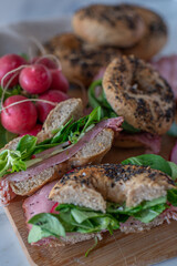 Everything bagels with cream cheese, turkey and cucumber
