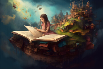 Happy young girl reading a book and imagining a fairy-tale world. Digital painting. Generative AI - obrazy, fototapety, plakaty