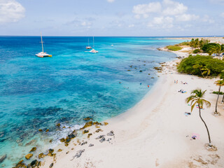 Eagle Beach Aruba, Palm Trees on the shoreline of Eagle Beach in Aruba, an aerial drone view at the beach from above