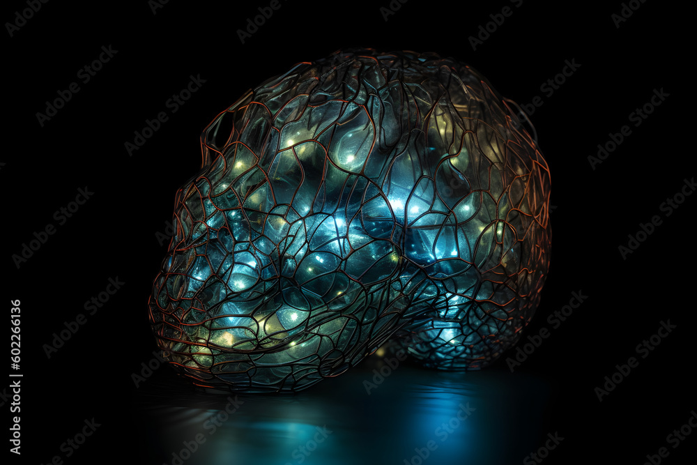 Poster neural network in the shape of a human brain with glowing connections. generative ai