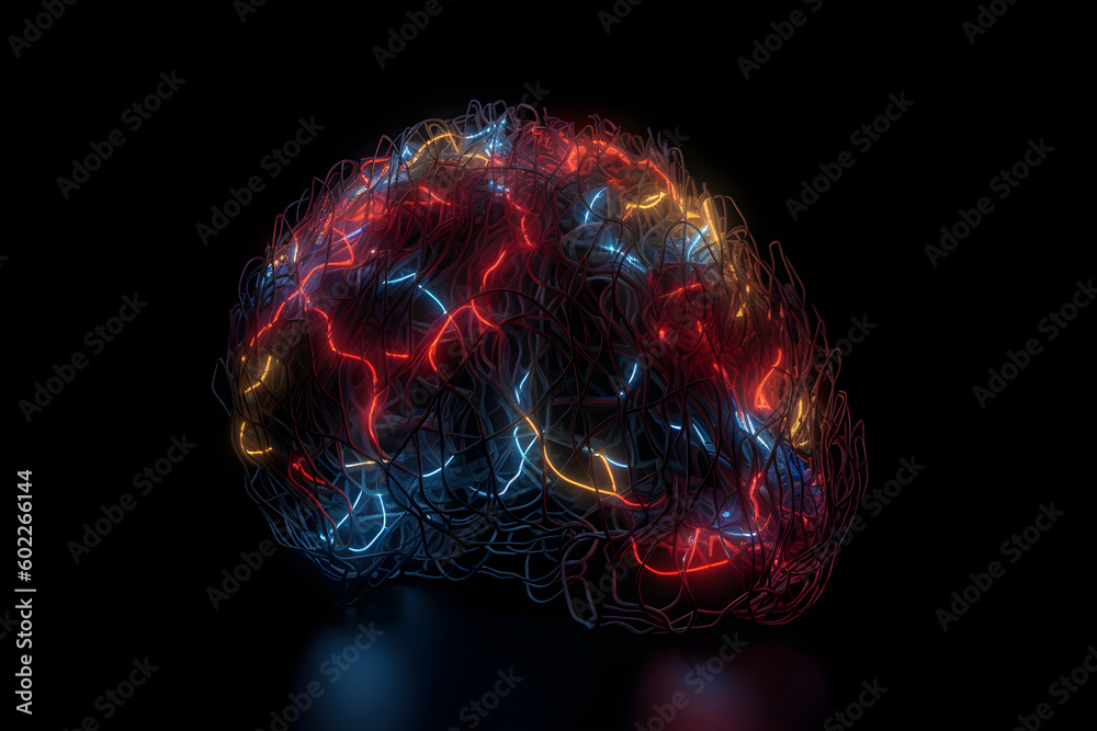 Poster neural network in the shape of a human brain with glowing connections. generative ai