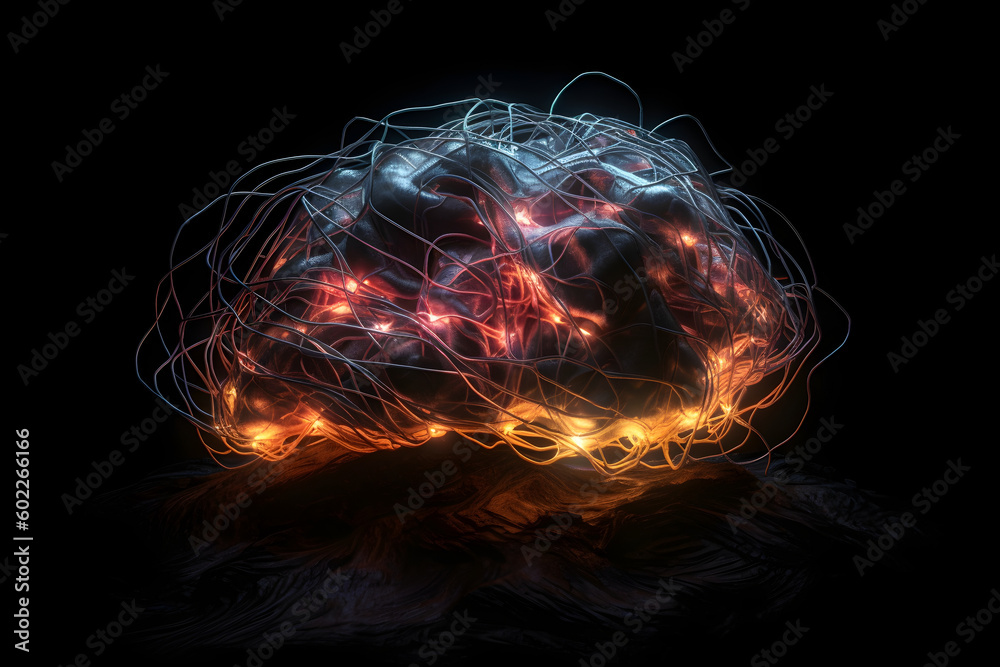 Poster neural network in the shape of a human brain with glowing connections. generative ai