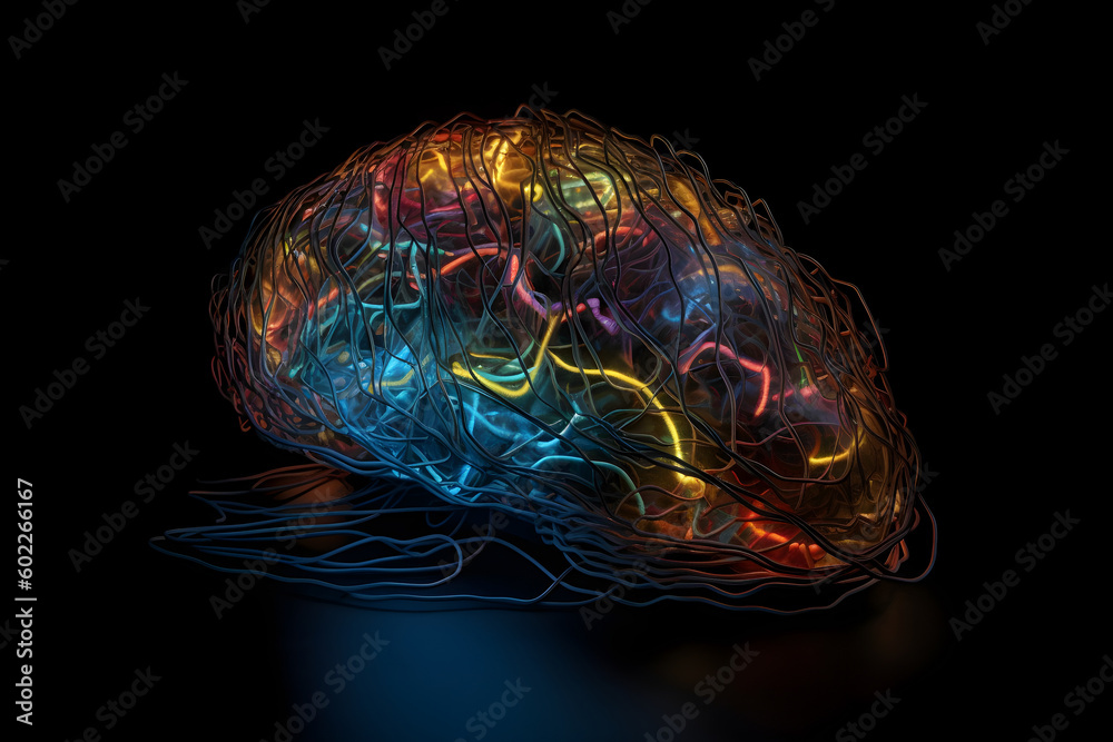 Poster neural network in the shape of a human brain with glowing connections. generative ai