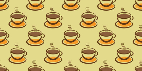 Seamless Brown and Orange Coffee Cup or Soup Bowl Symbols Pattern on Wide Scale Light Green Background - Design Template in Editable Vector Format