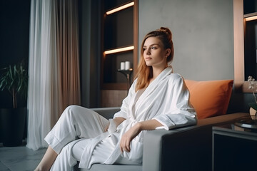 Beautiful young woman in bathrobe relaxing on a sofa in the livingroom. Generative AI - obrazy, fototapety, plakaty
