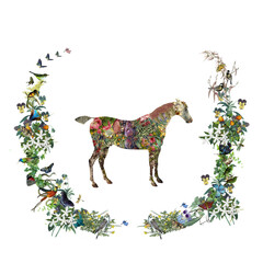 horse, flower horse, horse collage, photoshop creation, white background, white space, greeting card cover, collage, unique, CFC2022EVUT
