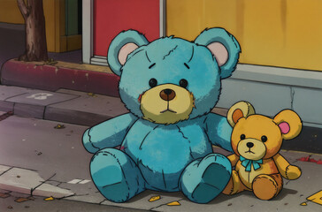 Old and battered teddy bear soft toy lie on the street. Generative AI.