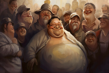 A big fat guy surrounded by people - digital painting. Generative AI - obrazy, fototapety, plakaty