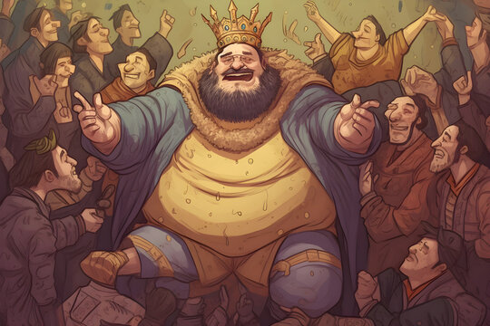A big fat king surrounded by people - digital painting. Generative AI