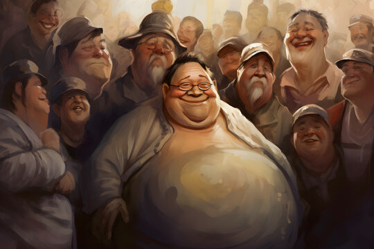A big fat guy surrounded by people - digital painting. Generative AI
