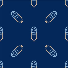 Line Salami sausage icon isolated seamless pattern on blue background. Meat delicatessen product. Vector