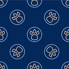 Line Paw search icon isolated seamless pattern on blue background. Magnifying glass with animal footprints. Vector