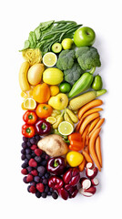 An illustration of of various fruits and vegetables in colour order. A.I. generated.