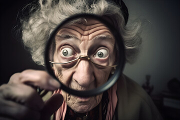 Funny old woman looking though a magnifying glass. Generative AI