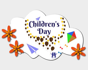 "happy children day" celebration Vector design with flying colorful paper balloons on cloud background. doodle cartoon kids kite and flower poster