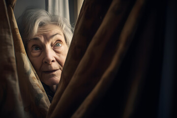 Fototapeta na wymiar Funny old woman looking suspiciously from behind a curtain. Generative AI