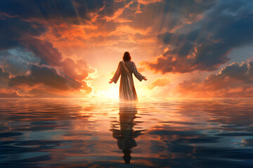 the figure of jesus walk on water on a beautiful dramatic sunset background - obrazy, fototapety, plakaty