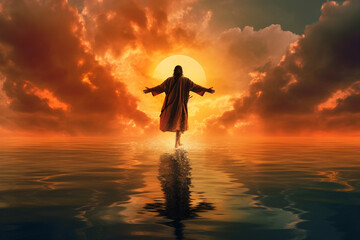 the figure of jesus walk on water on a beautiful dramatic sunset background