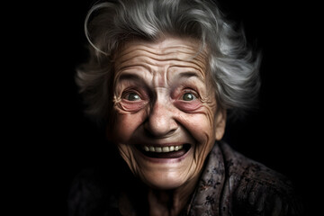 Funny old woman who is extremely happy, laughing. Generative AI