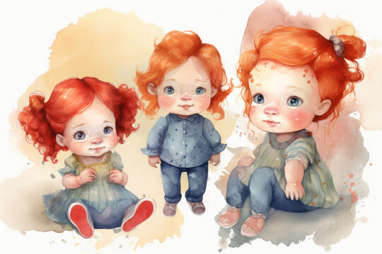 AI Generated image of watercolor clipart cute redhead babies