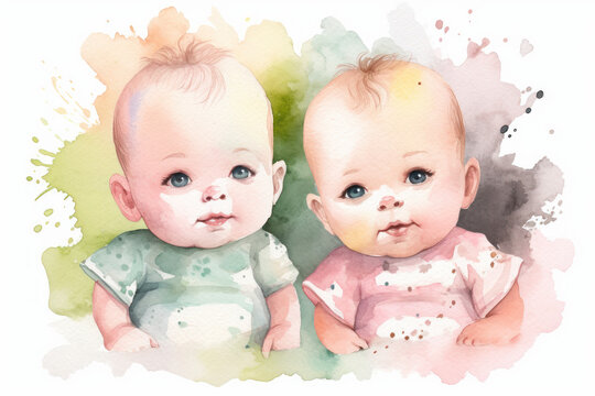 AI Generate image of watercolor clipart cute twins babies