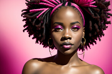 Beautiful African American woman with pink dreadlocks. Generative AI.