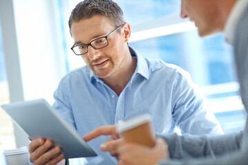 Tablet, collaboration or business people with research in airport lobby on invest strategy, finance growth or financial audit. CEO or manager on tech planning, social media or network blog networking