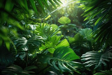 Obraz na płótnie Canvas Nature leaves, green tropical forest, background photorealistic cinematic lighting, Generative AI