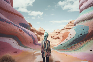 Woman walking through surreal pastel colored canyon - Generative AI