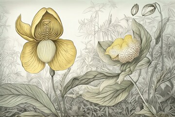 Lady Slipper Orchid Drawing Blossoms with Delicate Watercolor and Detailed Linework, generative AI