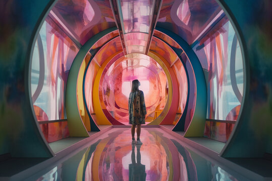 Woman standing in surrel pastel colored doorway, mental health jurney - Generative AI