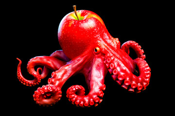 Red apple with octopus like body and green apple on top of it. Generative AI.