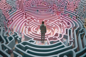 Woman standing in surreal pastel colored room with maze shapes on the wall - Generative AI