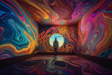 Young woman standing in front of a surreal mental health portal shaped in colorful abstract crystals - Generative AI