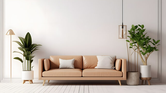 Interior living room wall mockup with leather sofa and decor on white background.